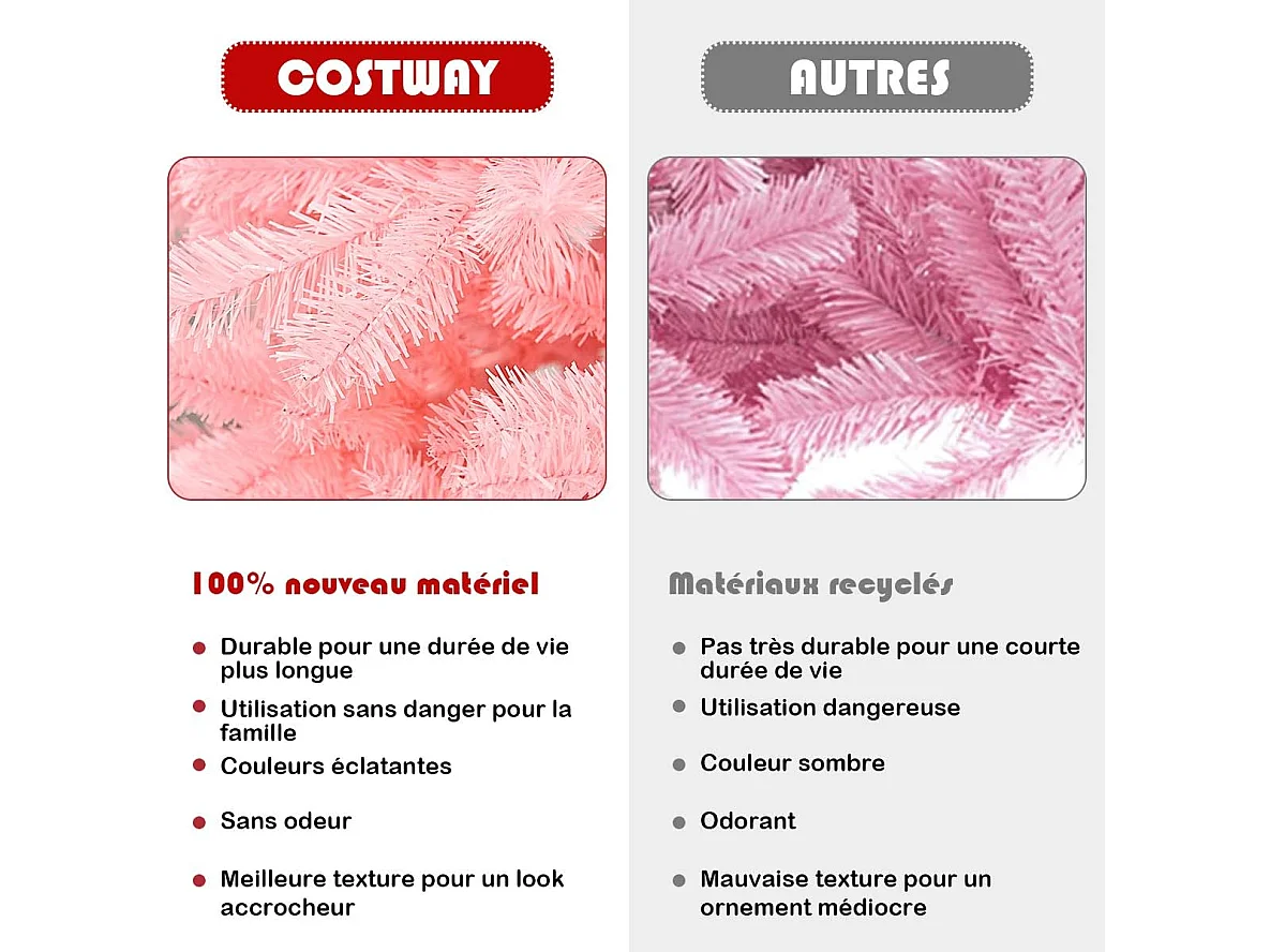 Sapin de noël artificiel 180 cm couleur fleur de cerisier en pvc avec support en métal pliable 1036 pointes de branches