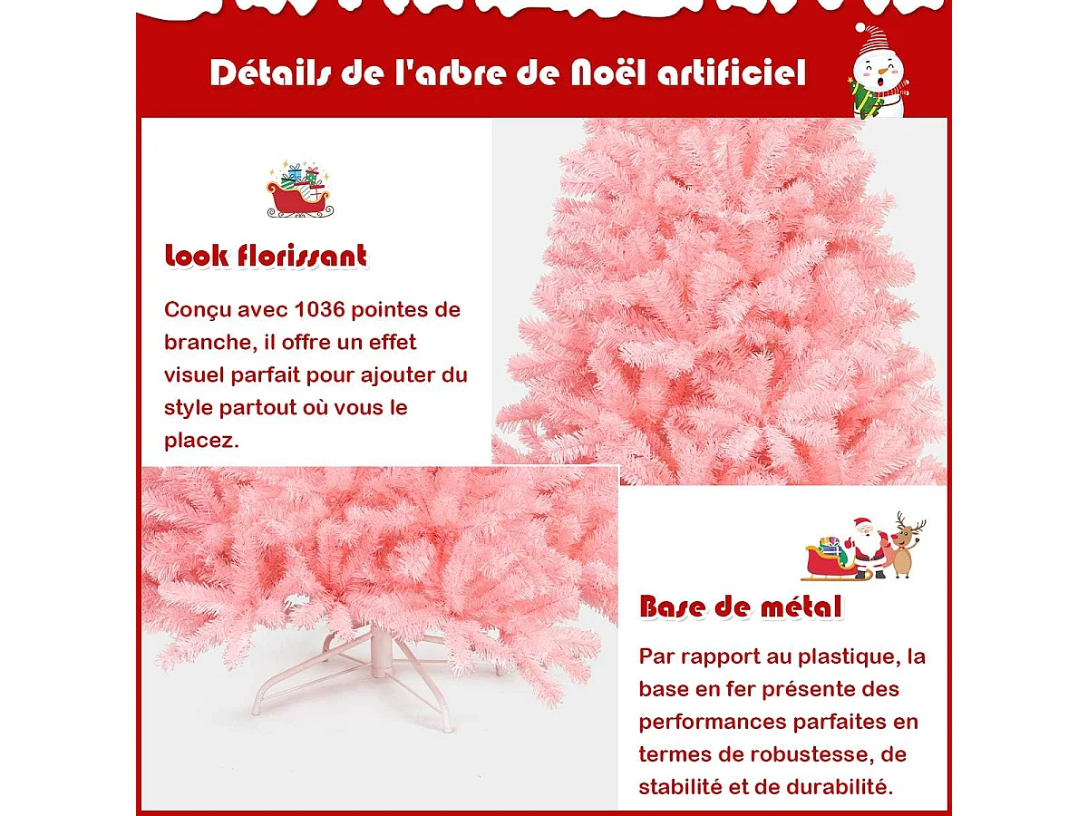 Sapin de noël artificiel 180 cm couleur fleur de cerisier en pvc avec support en métal pliable 1036 pointes de branches