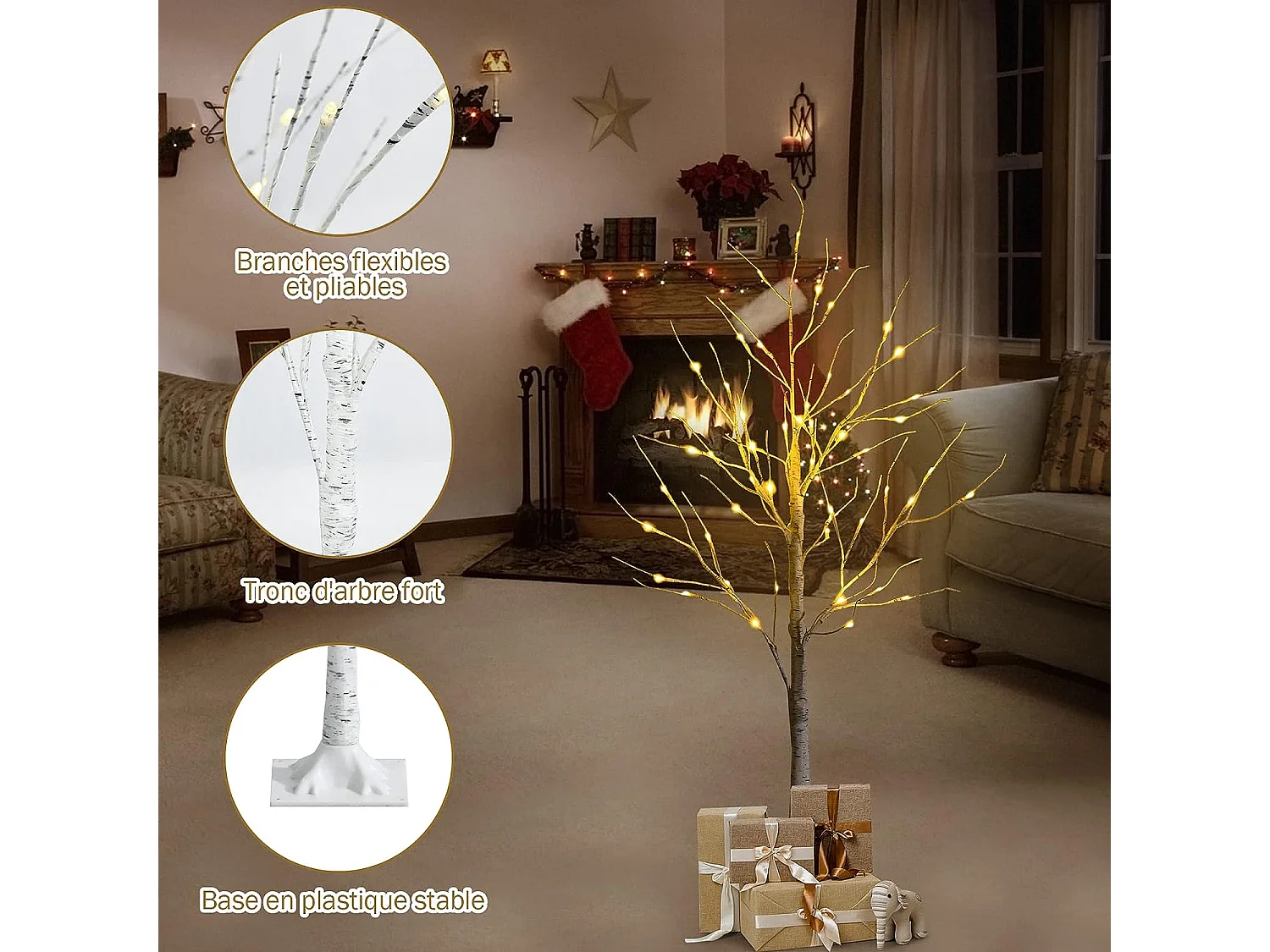 Arbre de noël bouleau blanc chaud artificiel 120cm avec 48 led lumineux base plastique décoration intérieur pour noël