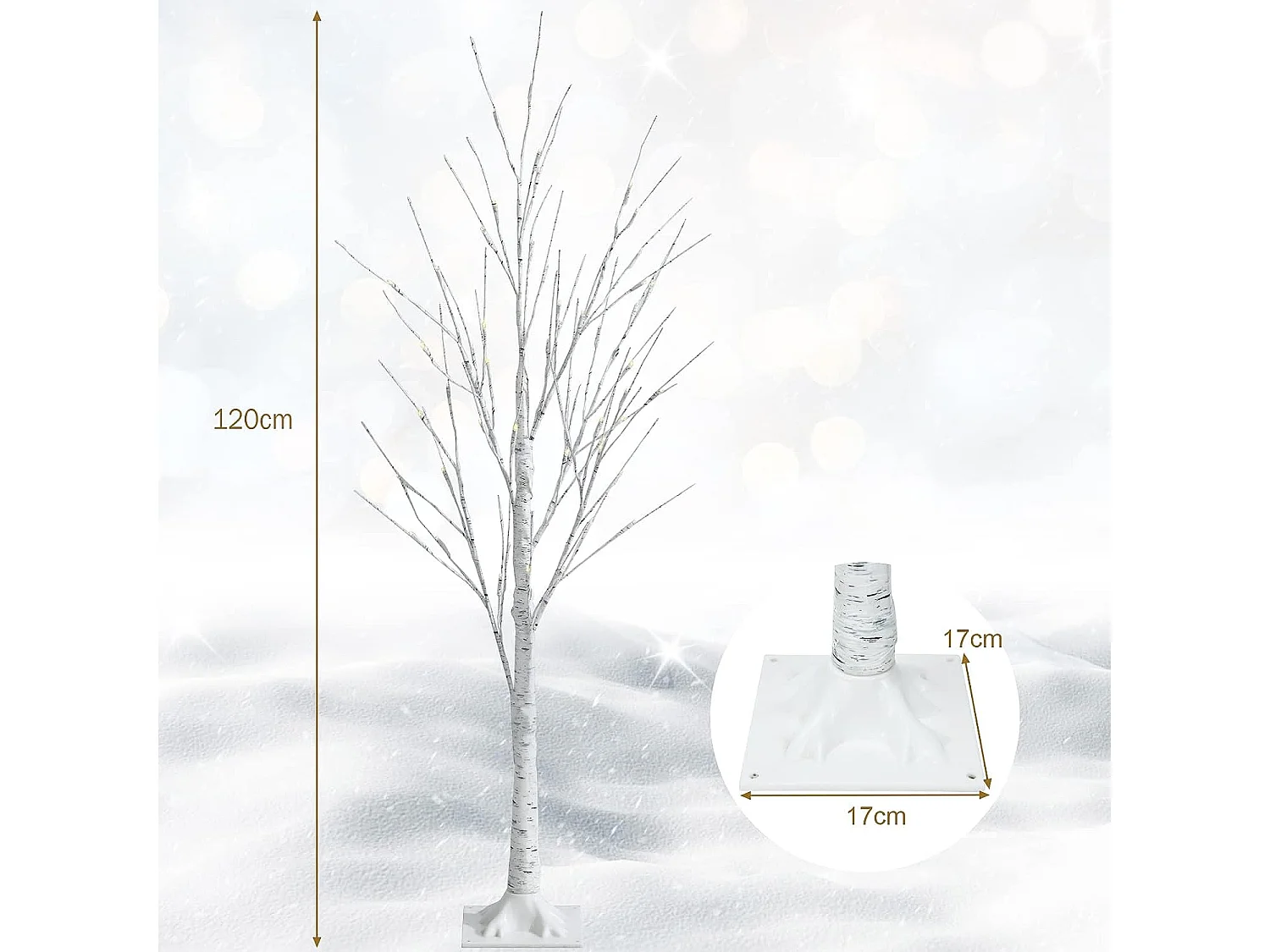 Arbre de noël bouleau blanc chaud artificiel 120cm avec 48 led lumineux base plastique décoration intérieur pour noël