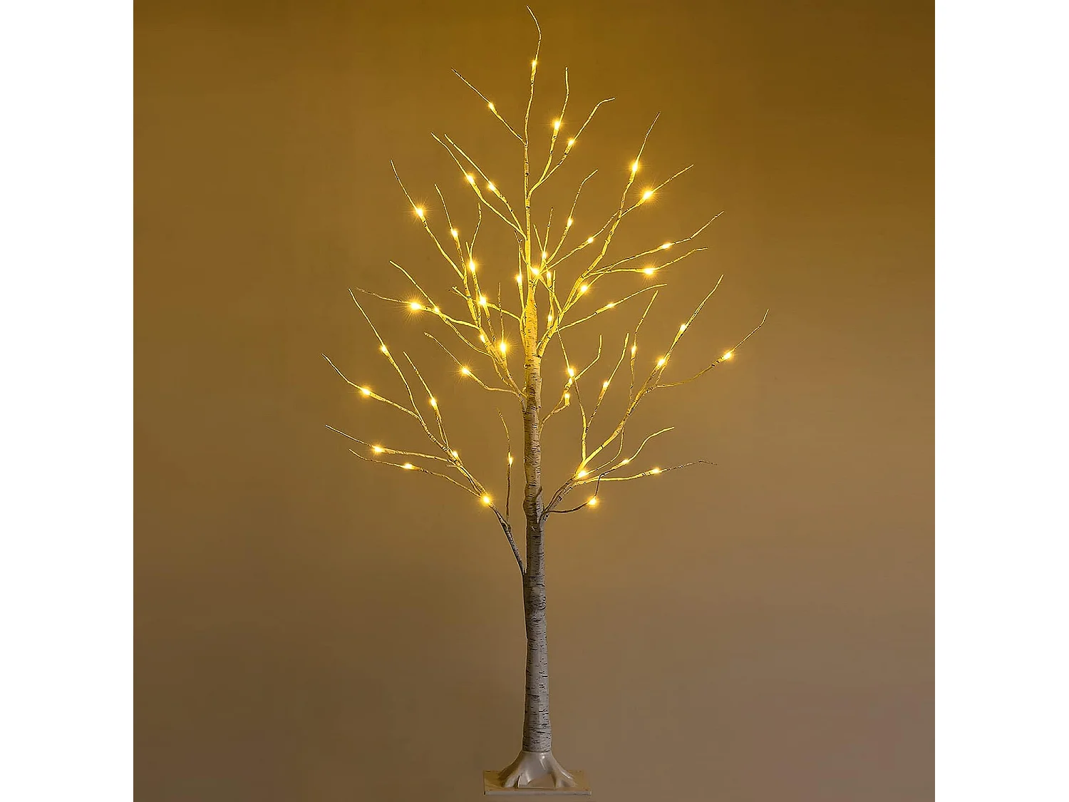 Arbre de noël bouleau blanc chaud artificiel 120cm avec 48 led lumineux base plastique décoration intérieur pour noël