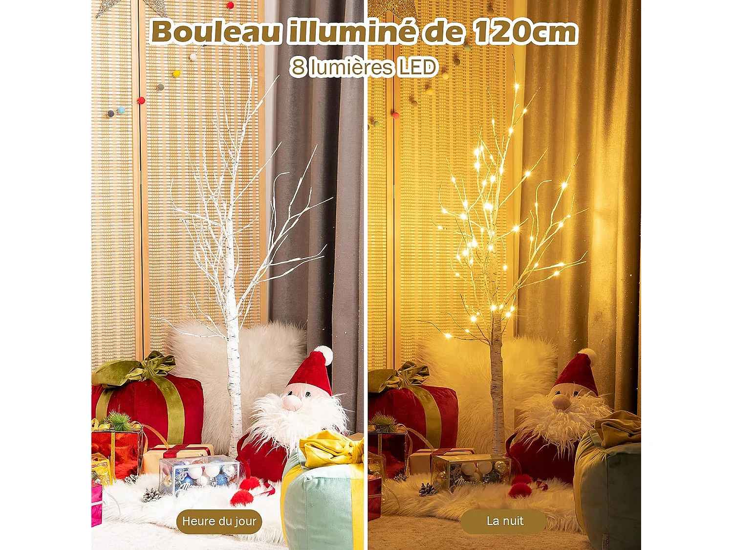 Arbre de noël bouleau blanc chaud artificiel 120cm avec 48 led lumineux base plastique décoration intérieur pour noël