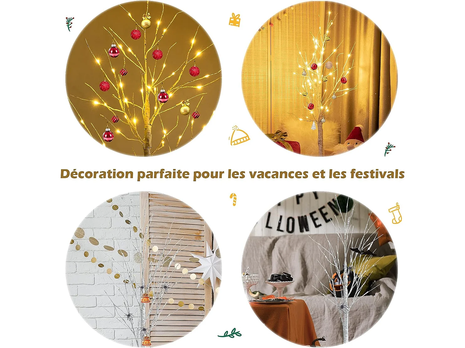 Arbre de noël bouleau blanc chaud artificiel 120cm avec 48 led lumineux base plastique décoration intérieur pour noël
