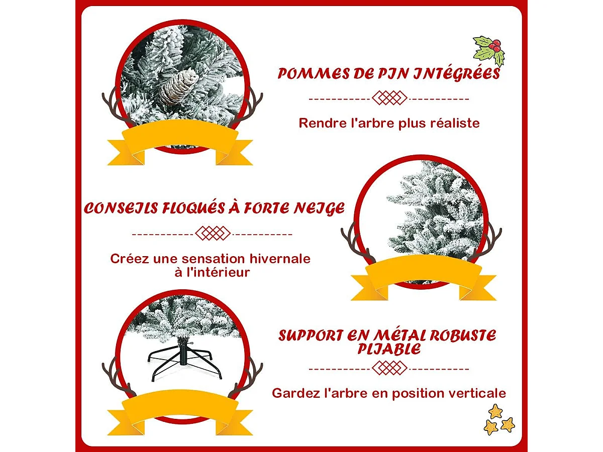 Sapin de noël artificiel flocons de neige 210cm avec 1108 pointes support métallique pliable pomme de pin décoration de fête