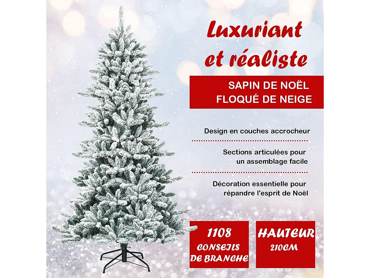 Sapin de noël artificiel flocons de neige 210cm avec 1108 pointes support métallique pliable pomme de pin décoration de fête