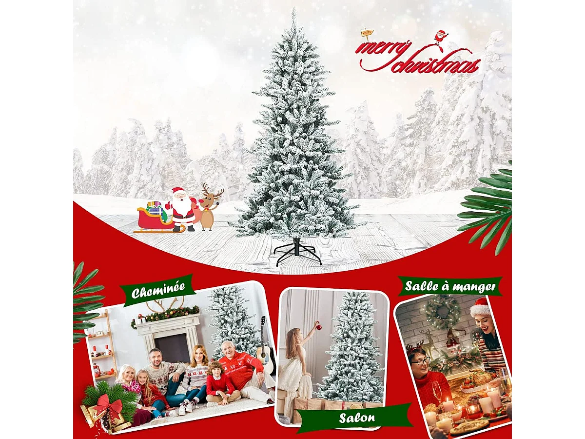 Sapin de noël artificiel flocons de neige 210cm avec 1108 pointes support métallique pliable pomme de pin décoration de fête