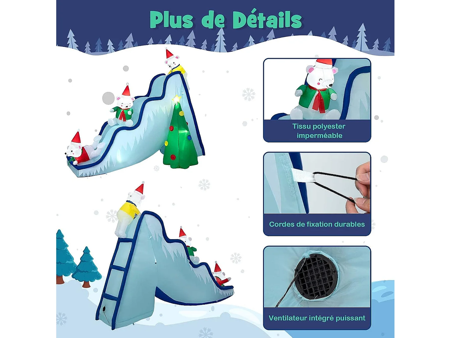 Décoration de toboggan gonflable d'ours polaire de 200 cm, décoration de noël avec lumières led et piquets de sol pour intérieur, cour et pelouse