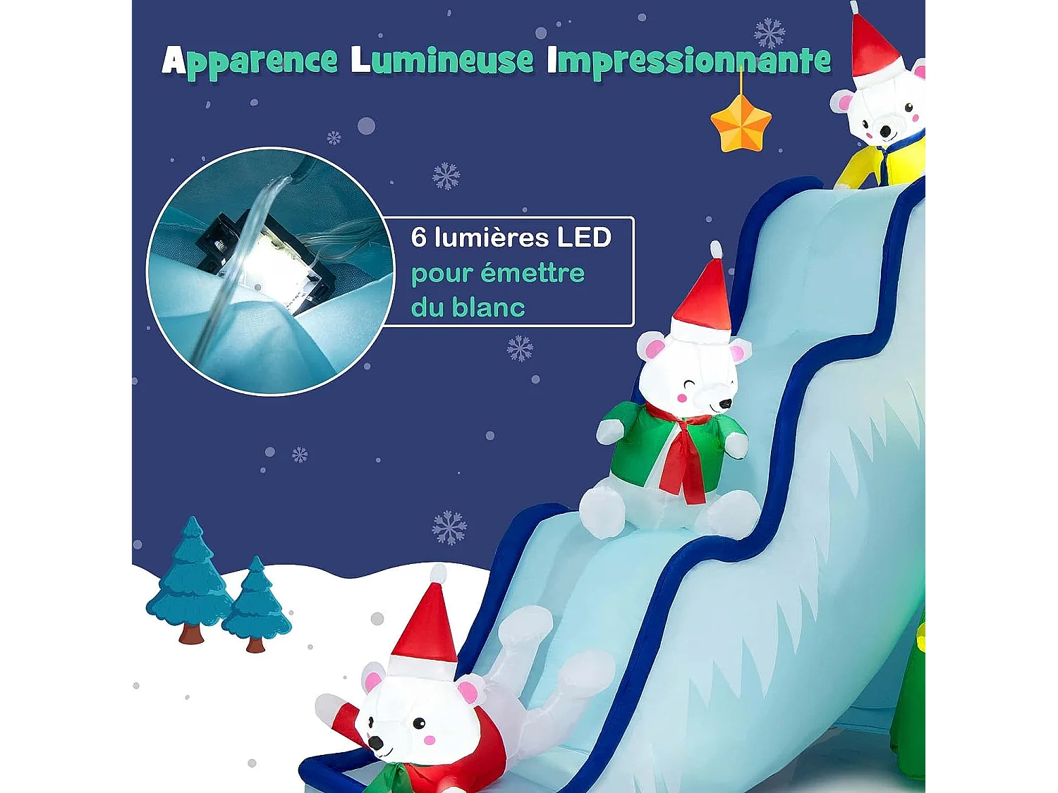 Décoration de toboggan gonflable d'ours polaire de 200 cm, décoration de noël avec lumières led et piquets de sol pour intérieur, cour et pelouse