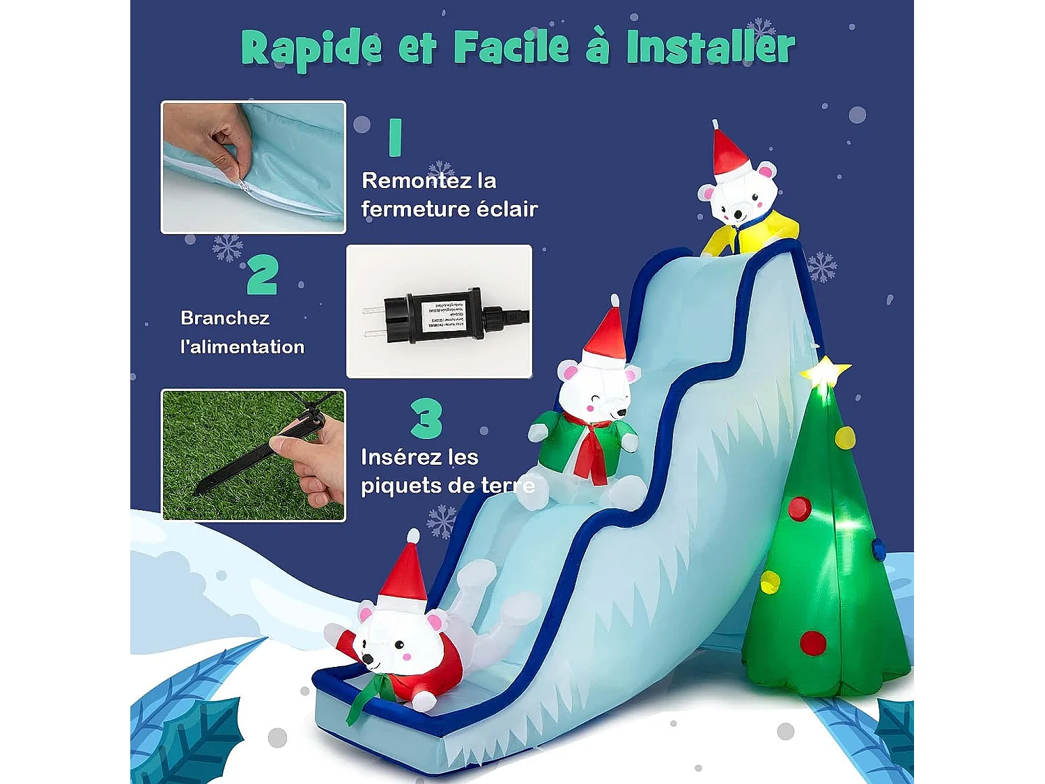 Décoration de toboggan gonflable d'ours polaire de 200 cm, décoration de noël avec lumières led et piquets de sol pour intérieur, cour et pelouse