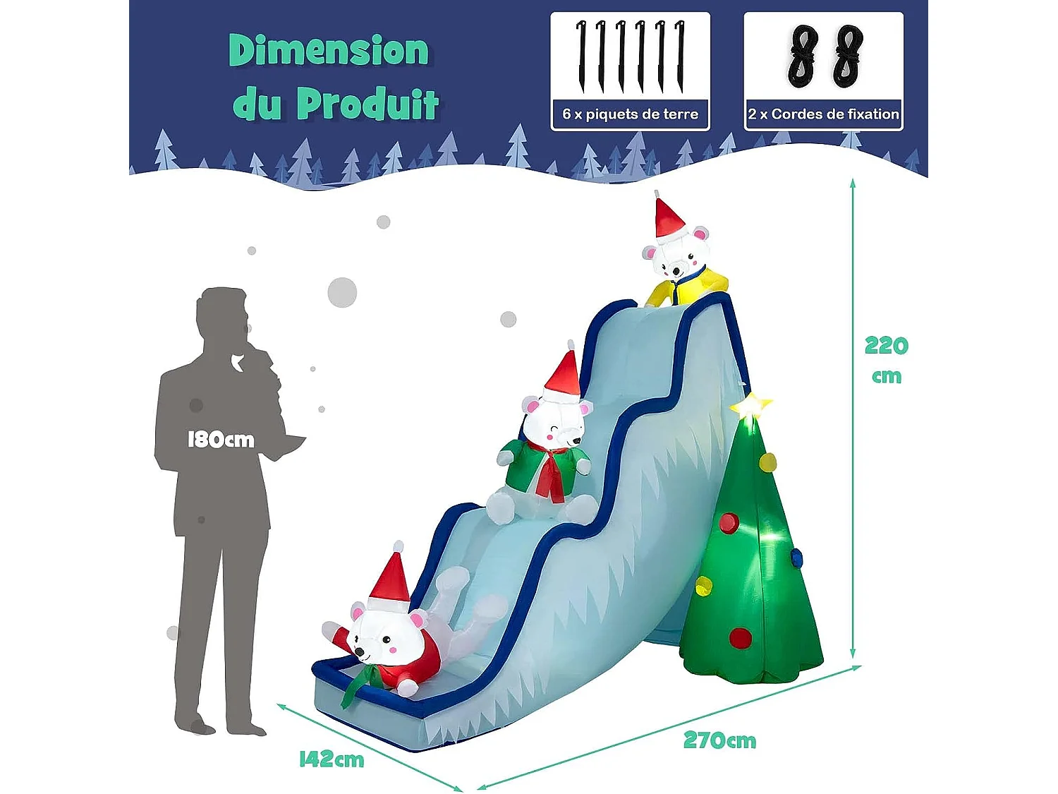 Décoration de toboggan gonflable d'ours polaire de 200 cm, décoration de noël avec lumières led et piquets de sol pour intérieur, cour et pelouse