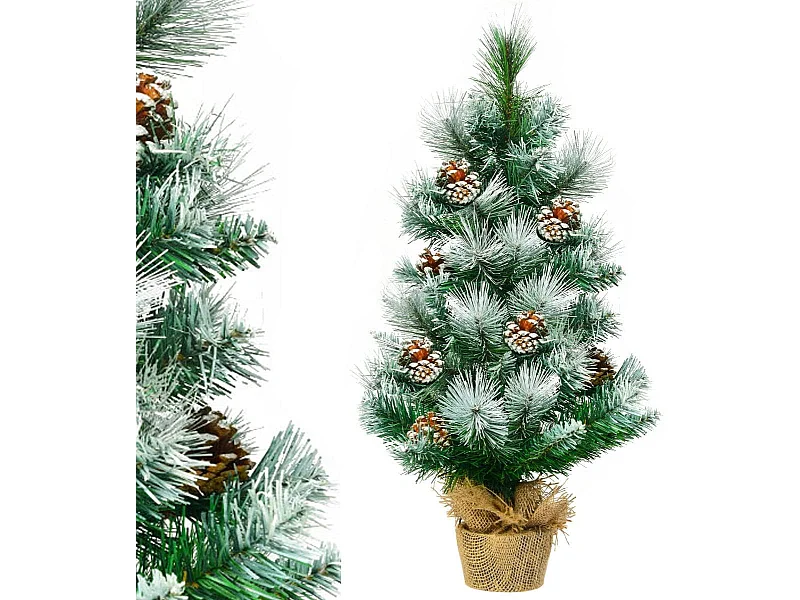 Mini arbre de noël artificiel de table h60cm en pvc avec 34 branches,décoré de pommes de pin base de ciment en toile de jute