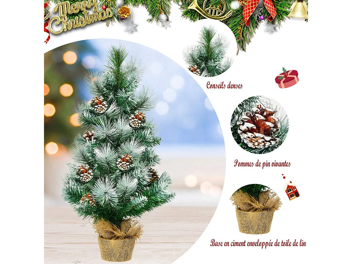 Mini arbre de noël artificiel de table h60cm en pvc avec 34 branches,décoré de pommes de pin base de ciment en toile de jute