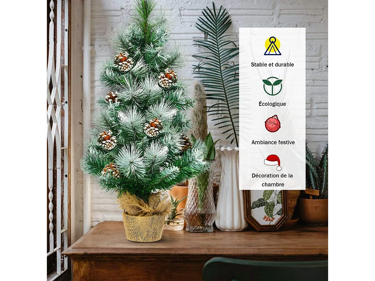 Mini arbre de noël artificiel de table h60cm en pvc avec 34 branches,décoré de pommes de pin base de ciment en toile de jute