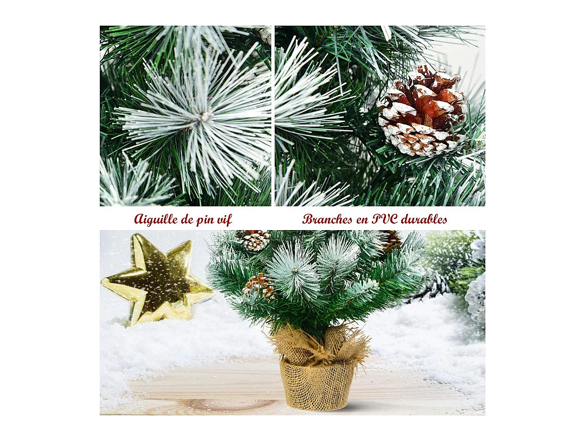 Mini arbre de noël artificiel de table h60cm en pvc avec 34 branches,décoré de pommes de pin base de ciment en toile de jute