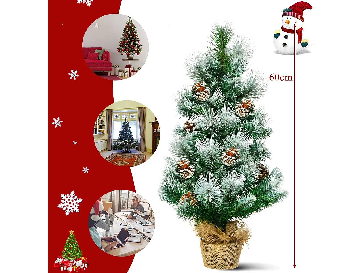 Mini arbre de noël artificiel de table h60cm en pvc avec 34 branches,décoré de pommes de pin base de ciment en toile de jute