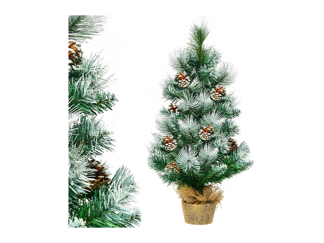 Mini arbre de noël artificiel de table h60cm en pvc avec 34 branches,décoré de pommes de pin base de ciment en toile de jute