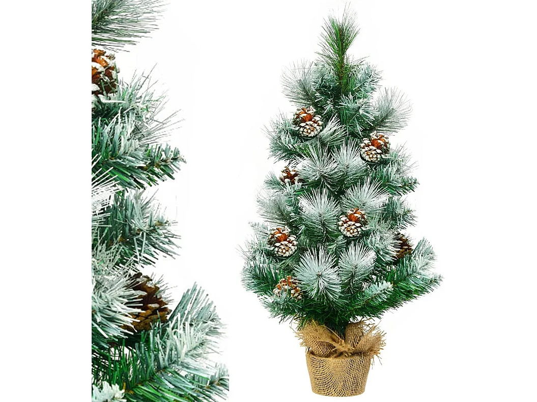 Mini arbre de noël artificiel de table h60cm en pvc avec 34 branches,décoré de pommes de pin base de ciment en toile de jute