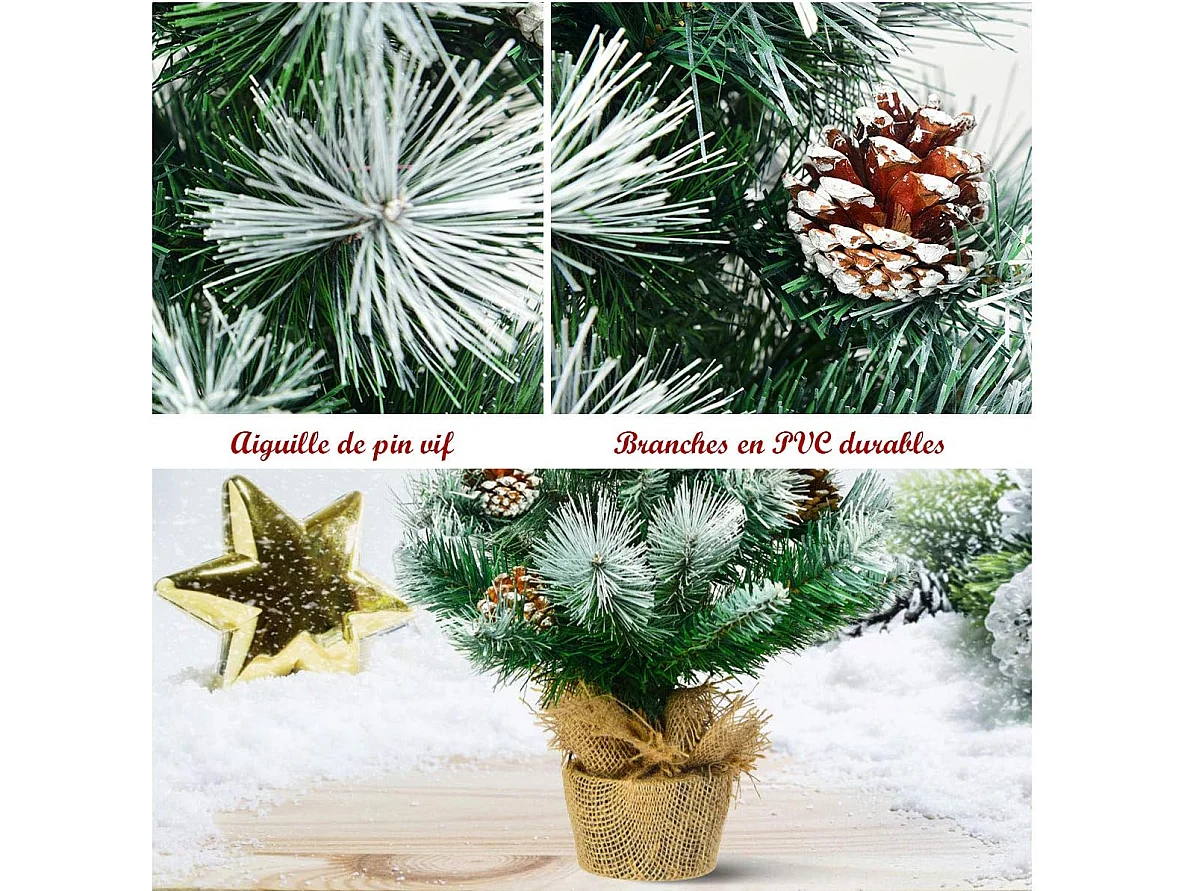 Mini arbre de noël artificiel de table h60cm en pvc avec 34 branches,décoré de pommes de pin base de ciment en toile de jute