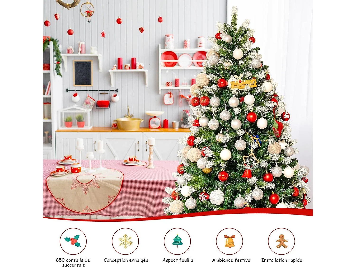 Sapin de noël enneigé artificiel de 180cm avec 850 rameaux en pvc+pe à charnières support métallique pliable sans lumières