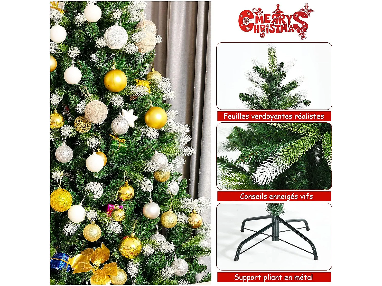 Sapin de noël enneigé artificiel de 180cm avec 850 rameaux en pvc+pe à charnières support métallique pliable sans lumières