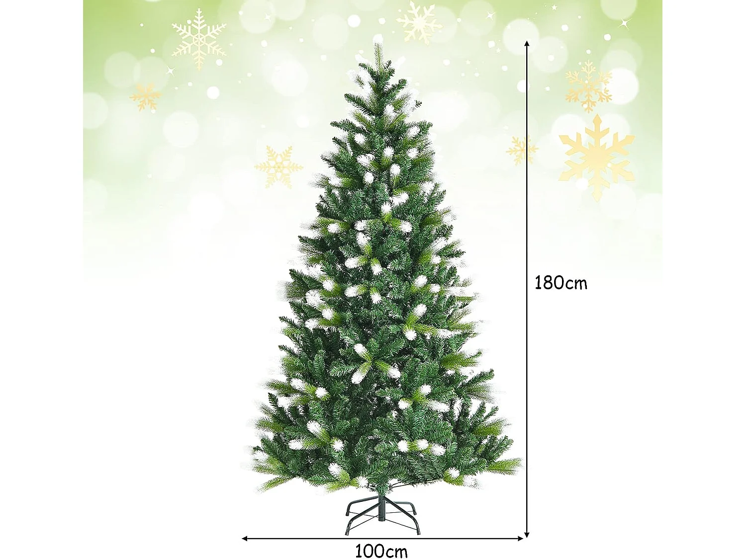 Sapin de noël enneigé artificiel de 180cm avec 850 rameaux en pvc+pe à charnières support métallique pliable sans lumières