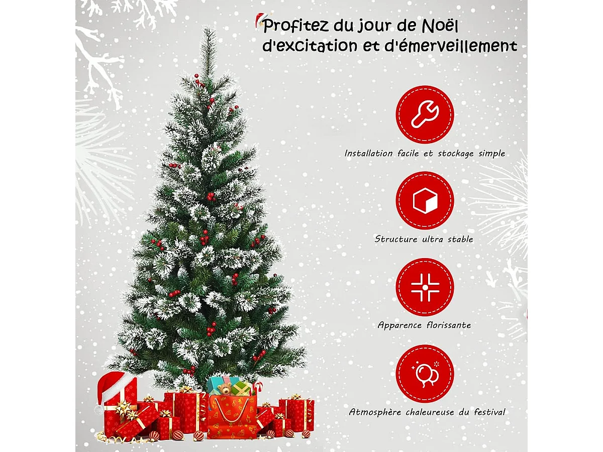 Sapin de noël artificiel 150cm avec flocons de neige baies rouges dense base en métal pvc design dense décoration de fête