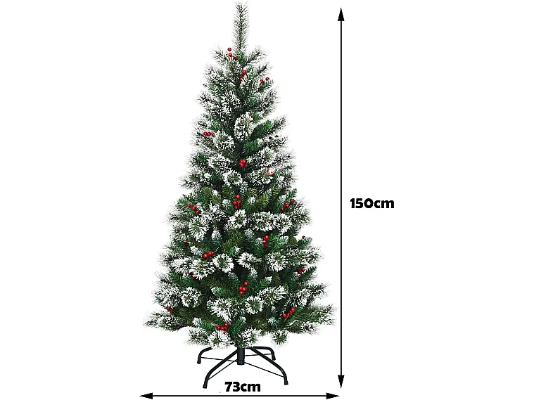 Sapin de noël artificiel 150cm avec flocons de neige baies rouges dense base en métal pvc design dense décoration de fête