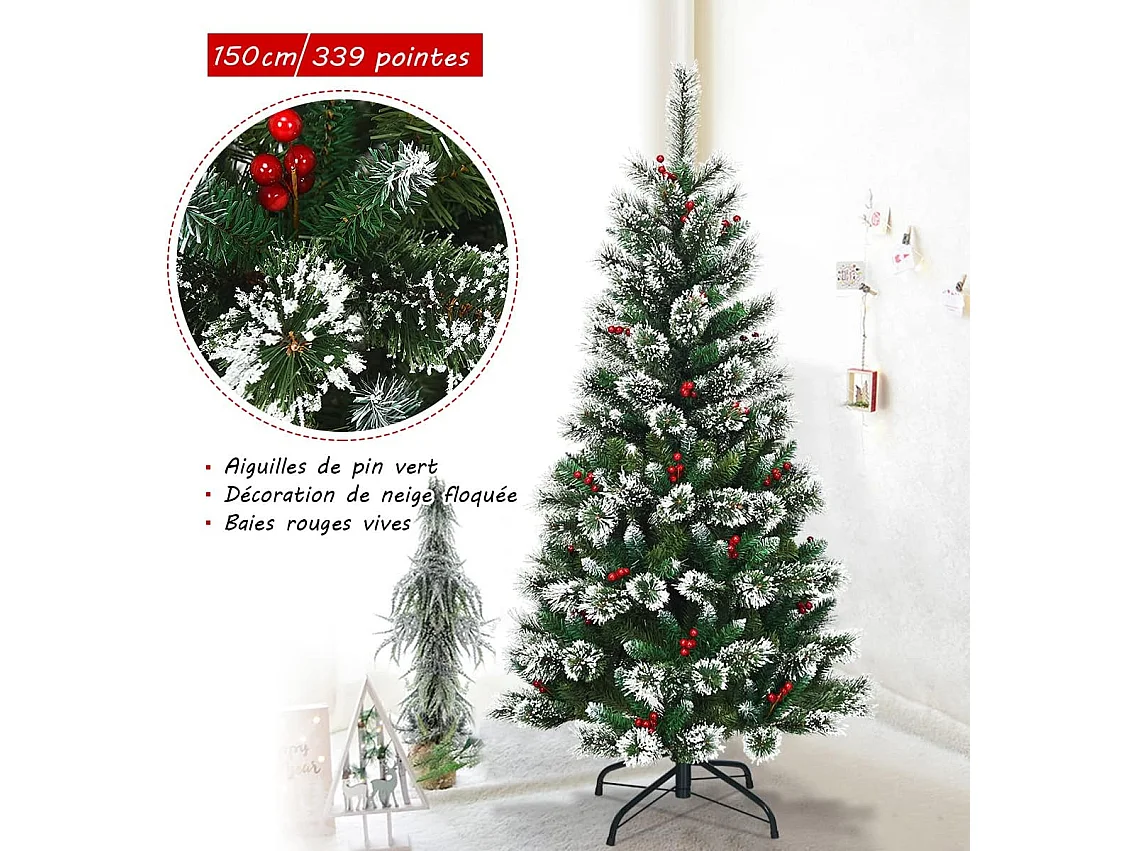 Sapin de noël artificiel 150cm avec flocons de neige baies rouges dense base en métal pvc design dense décoration de fête