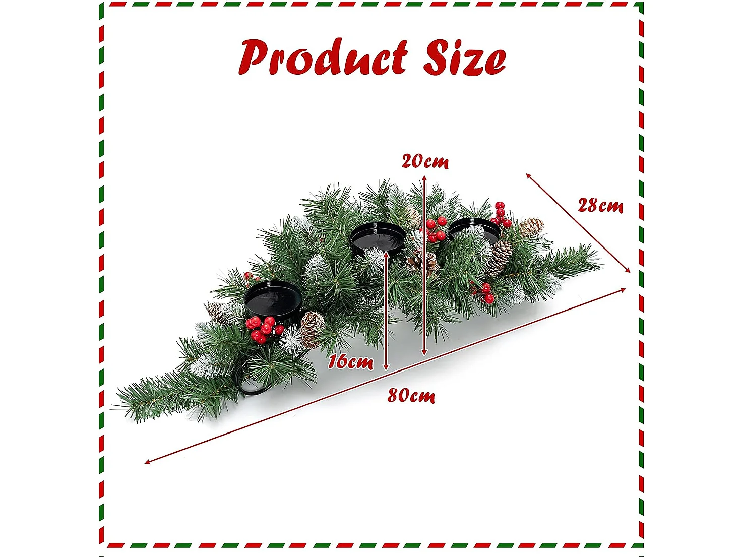 Centre de table noël 3 bougeoirs ø 8cm 7 pommes de pin, 7 grappes de baies rouges en sapin artificiel branches enneigées