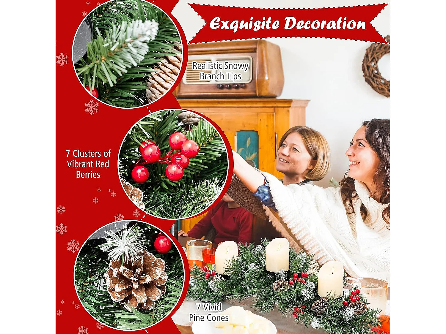 Centre de table noël 3 bougeoirs ø 8cm 7 pommes de pin, 7 grappes de baies rouges en sapin artificiel branches enneigées
