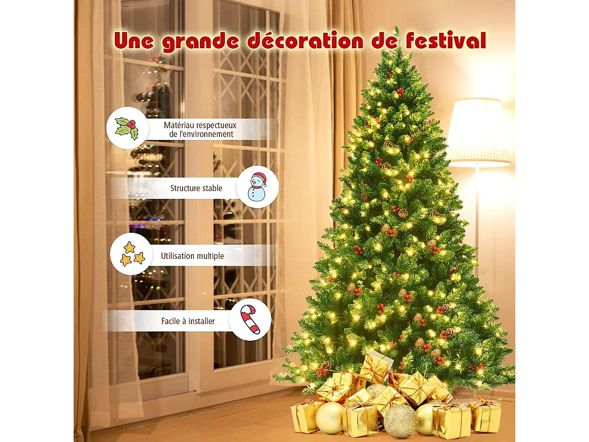 Sapin de noël artificiel led 200cm avec 11 modes d'eclairage et 5 changements de couleur système de pliage aiguilles en pvc