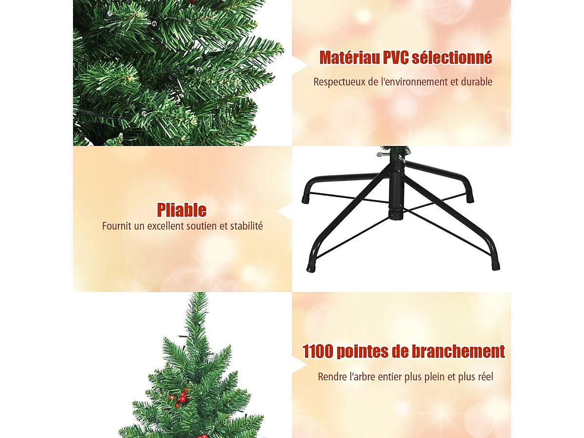 Sapin de noël artificiel led 200cm avec 11 modes d'eclairage et 5 changements de couleur système de pliage aiguilles en pvc