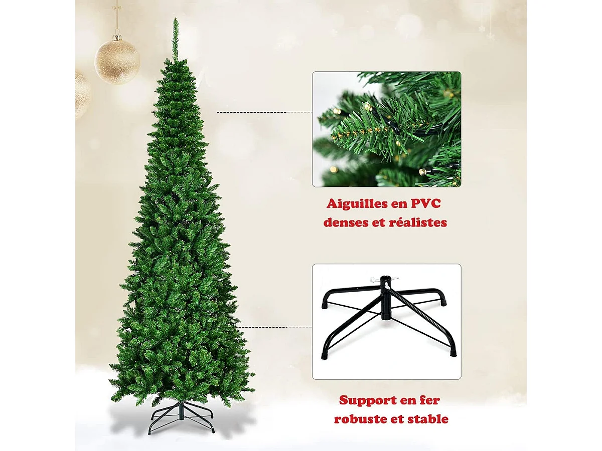 Arbre de noël artificiel 225 cm avec 350 lumières led aiguilles en pvc 1085 branches support métallique pliable pour maison