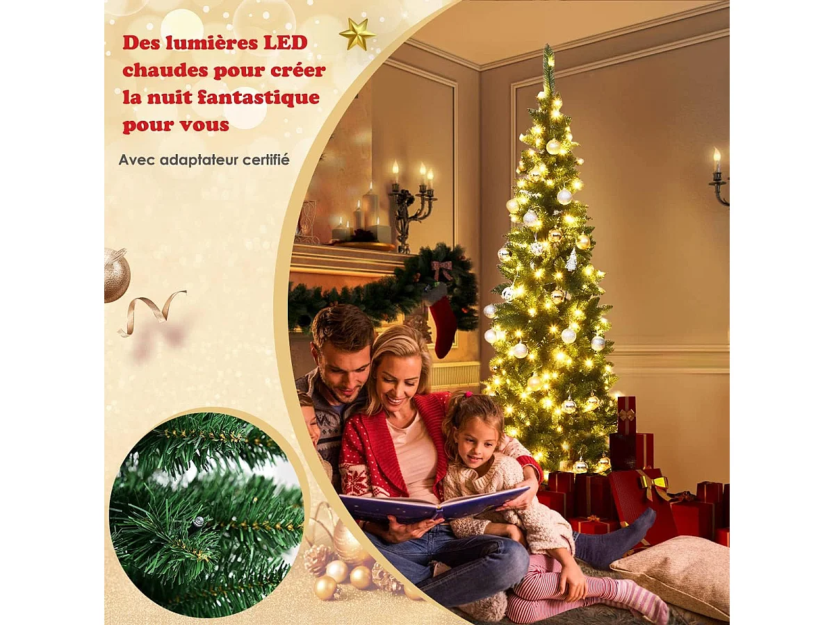 Arbre de noël artificiel 225 cm avec 350 lumières led aiguilles en pvc 1085 branches support métallique pliable pour maison