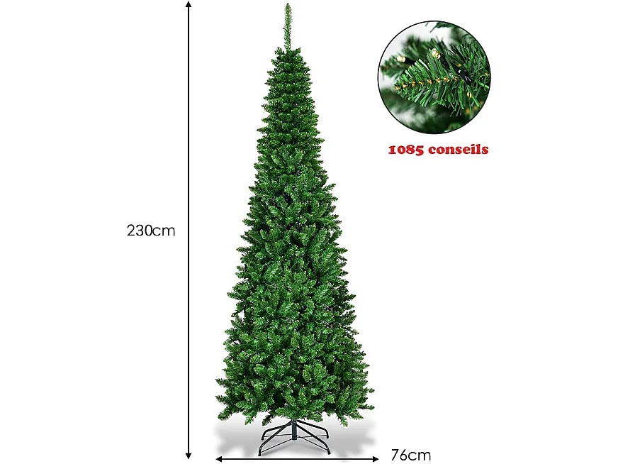 Arbre de noël artificiel 225 cm avec 350 lumières led aiguilles en pvc 1085 branches support métallique pliable pour maison
