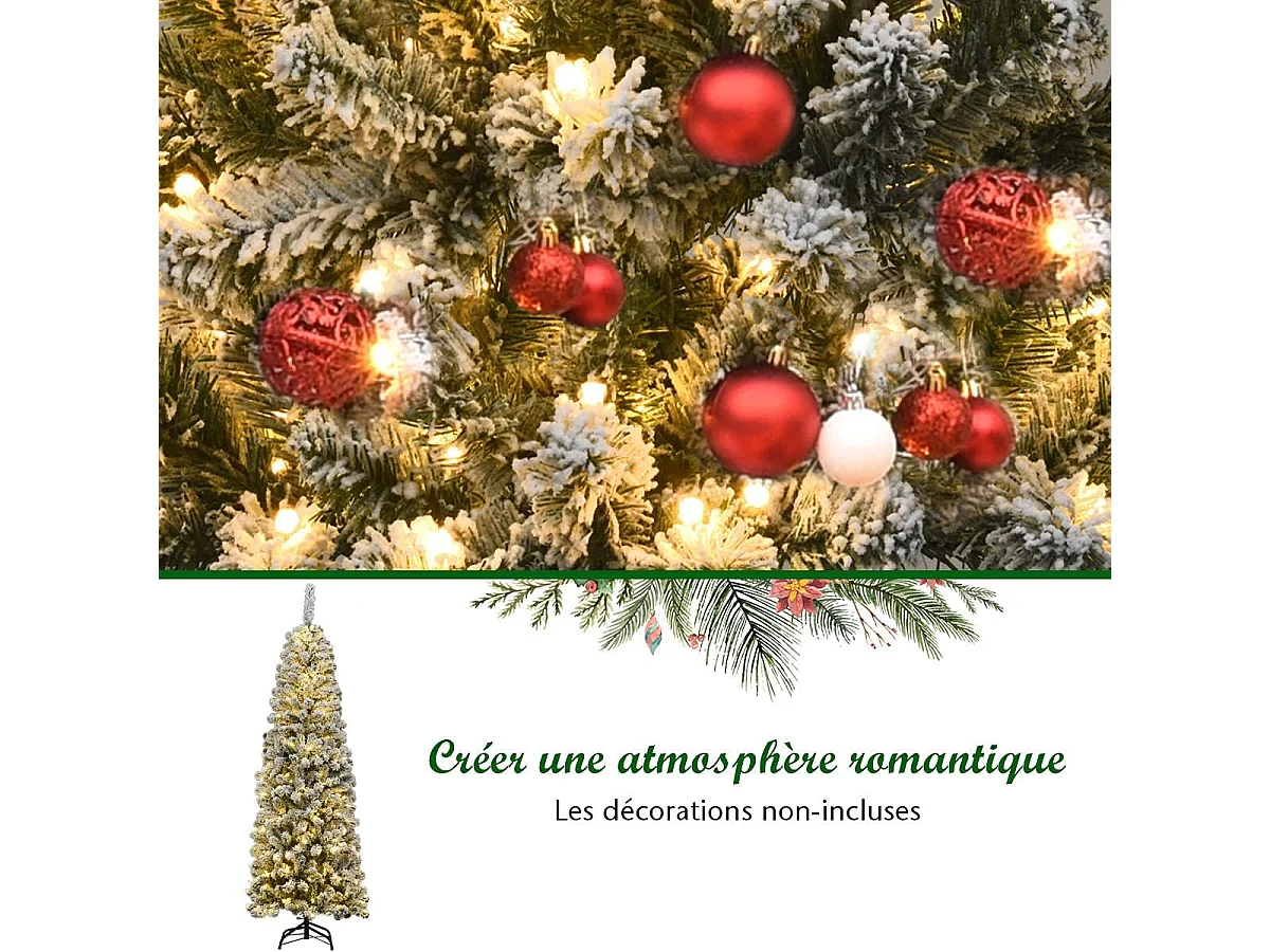 Sapin de noël artificiel à flocons de neige led 180cm à charnières avec 250 lumières aiguilles en pvc support métallique