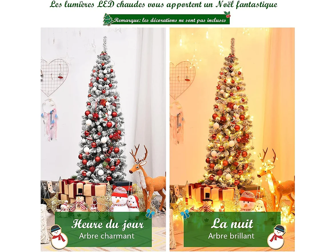 Sapin de noël artificiel à flocons de neige led 180cm à charnières avec 250 lumières aiguilles en pvc support métallique
