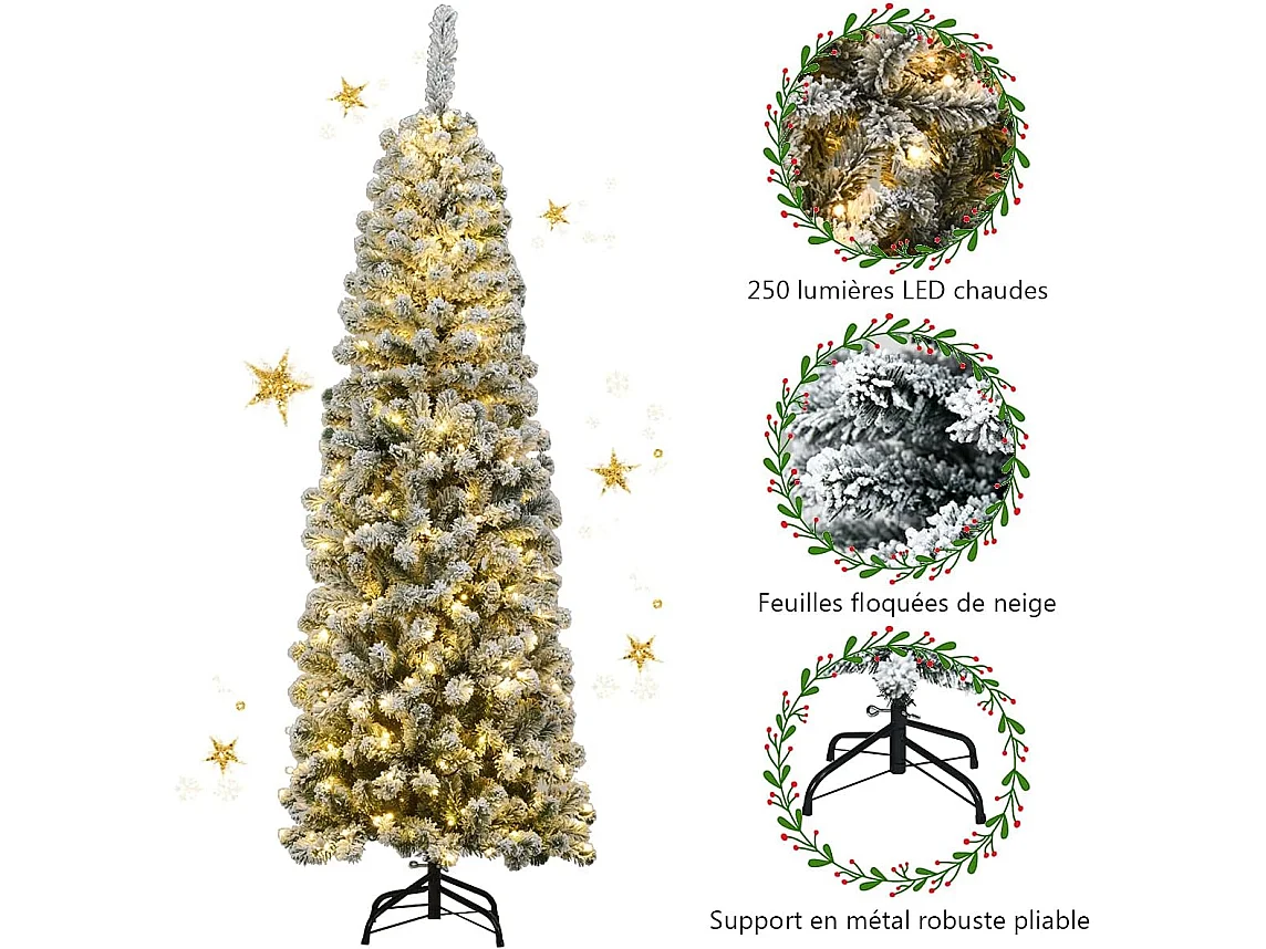 Sapin de noël artificiel à flocons de neige led 180cm à charnières avec 250 lumières aiguilles en pvc support métallique