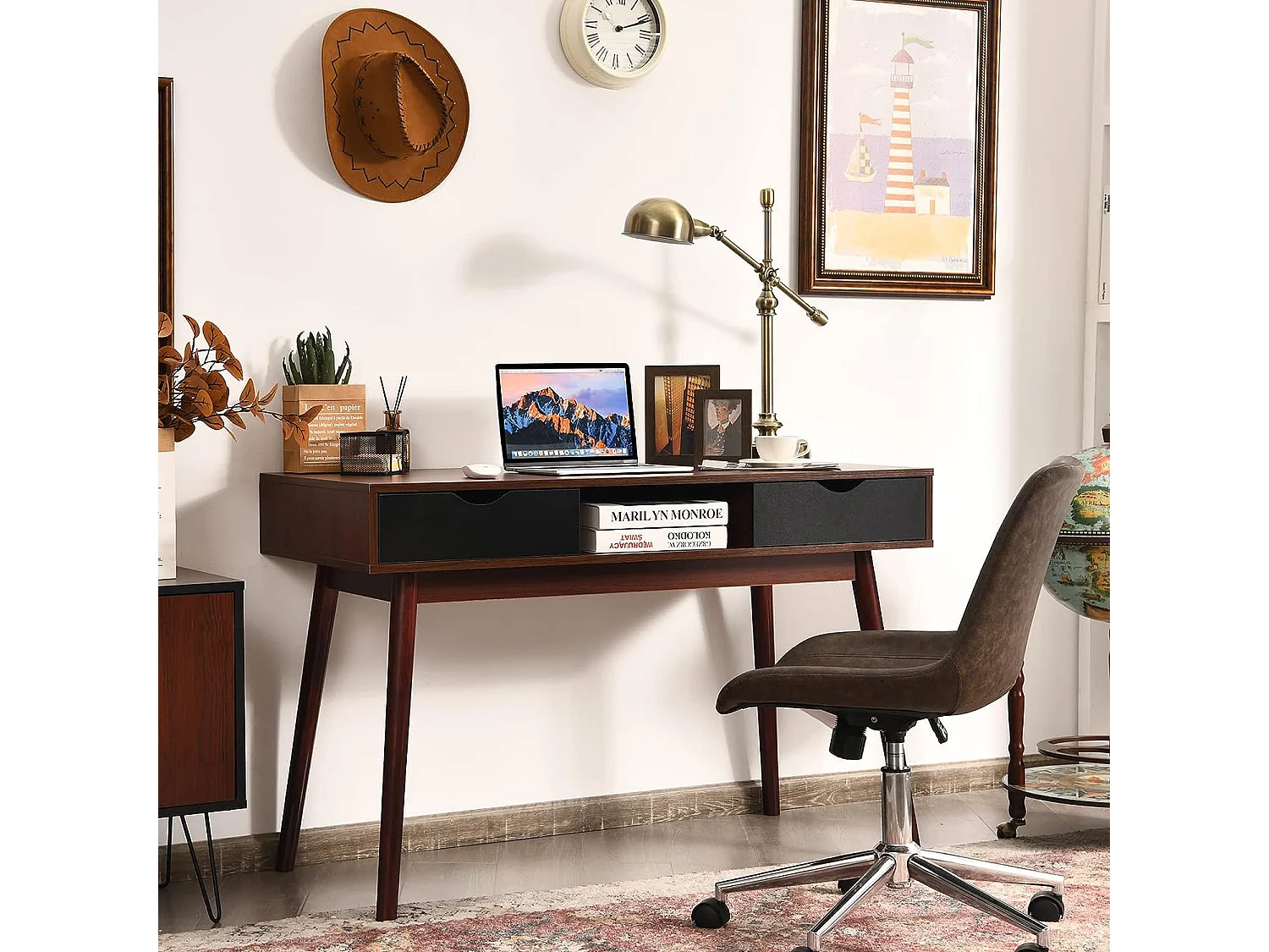 Bureau d'Ordinateur, Bureau PC 120 cm, avec 2 Tiroirs et Compartiment de Rangement Ouvert