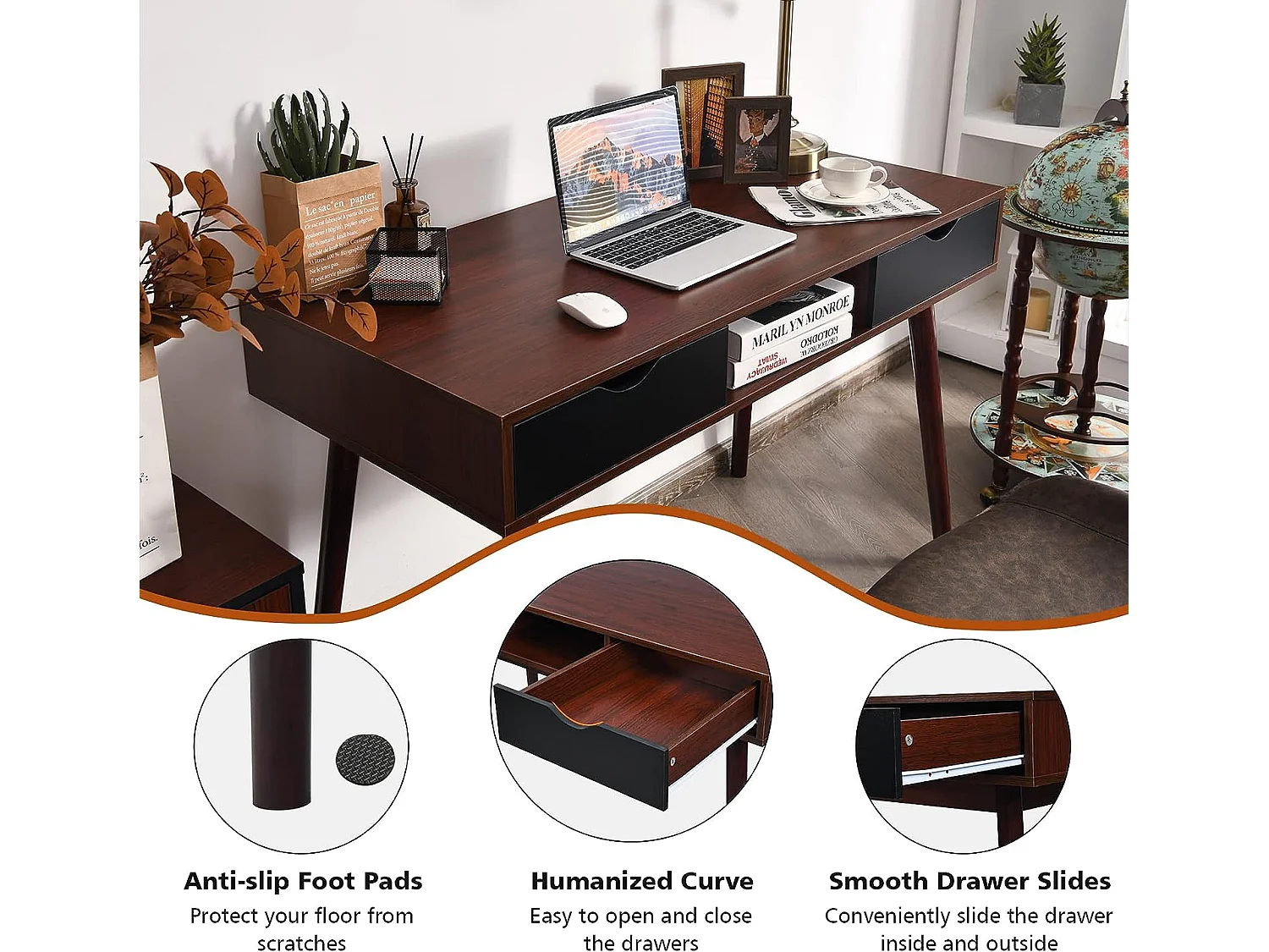 Bureau d'Ordinateur, Bureau PC 120 cm, avec 2 Tiroirs et Compartiment de Rangement Ouvert