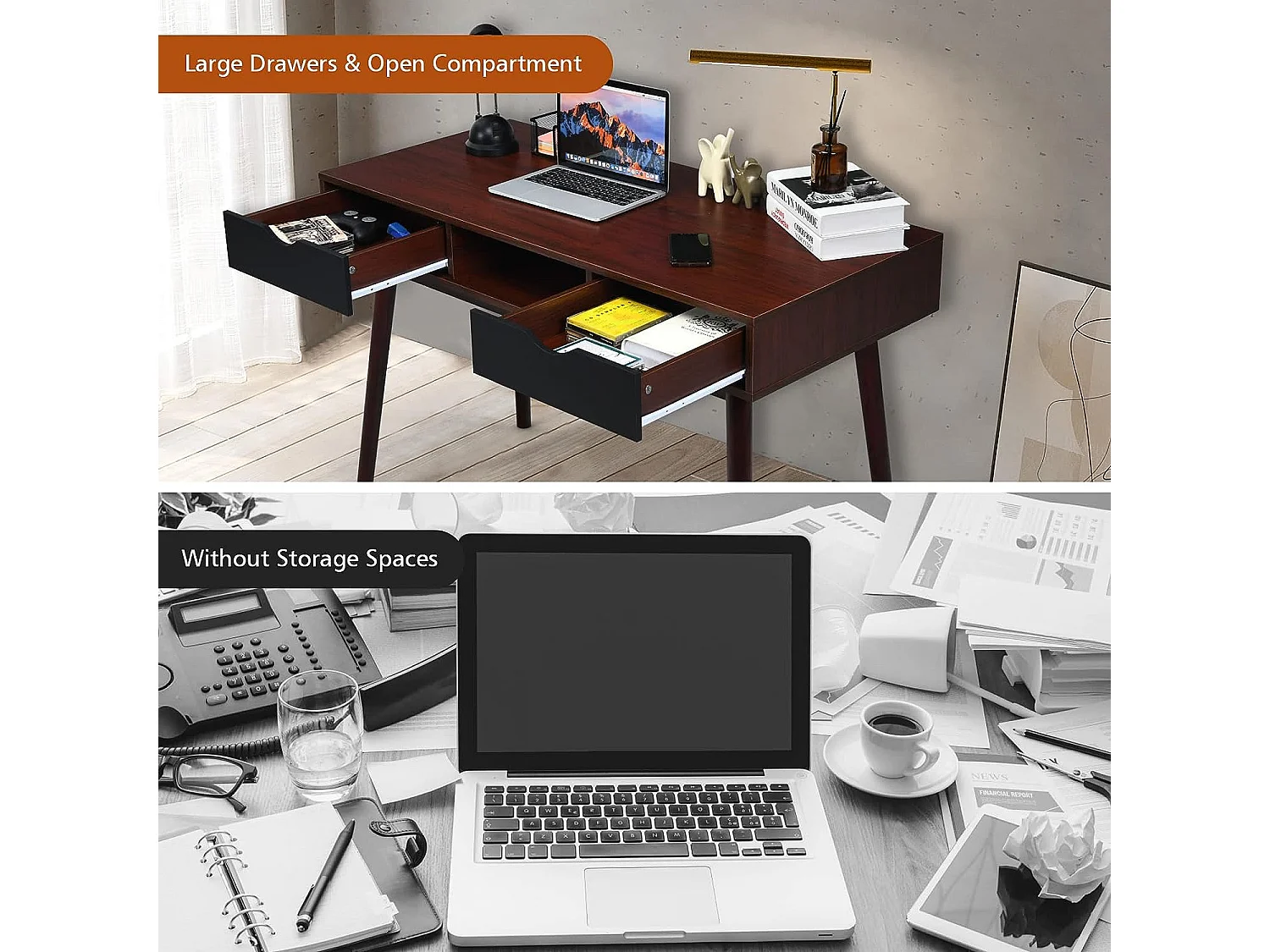 Bureau d'Ordinateur, Bureau PC 120 cm, avec 2 Tiroirs et Compartiment de Rangement Ouvert