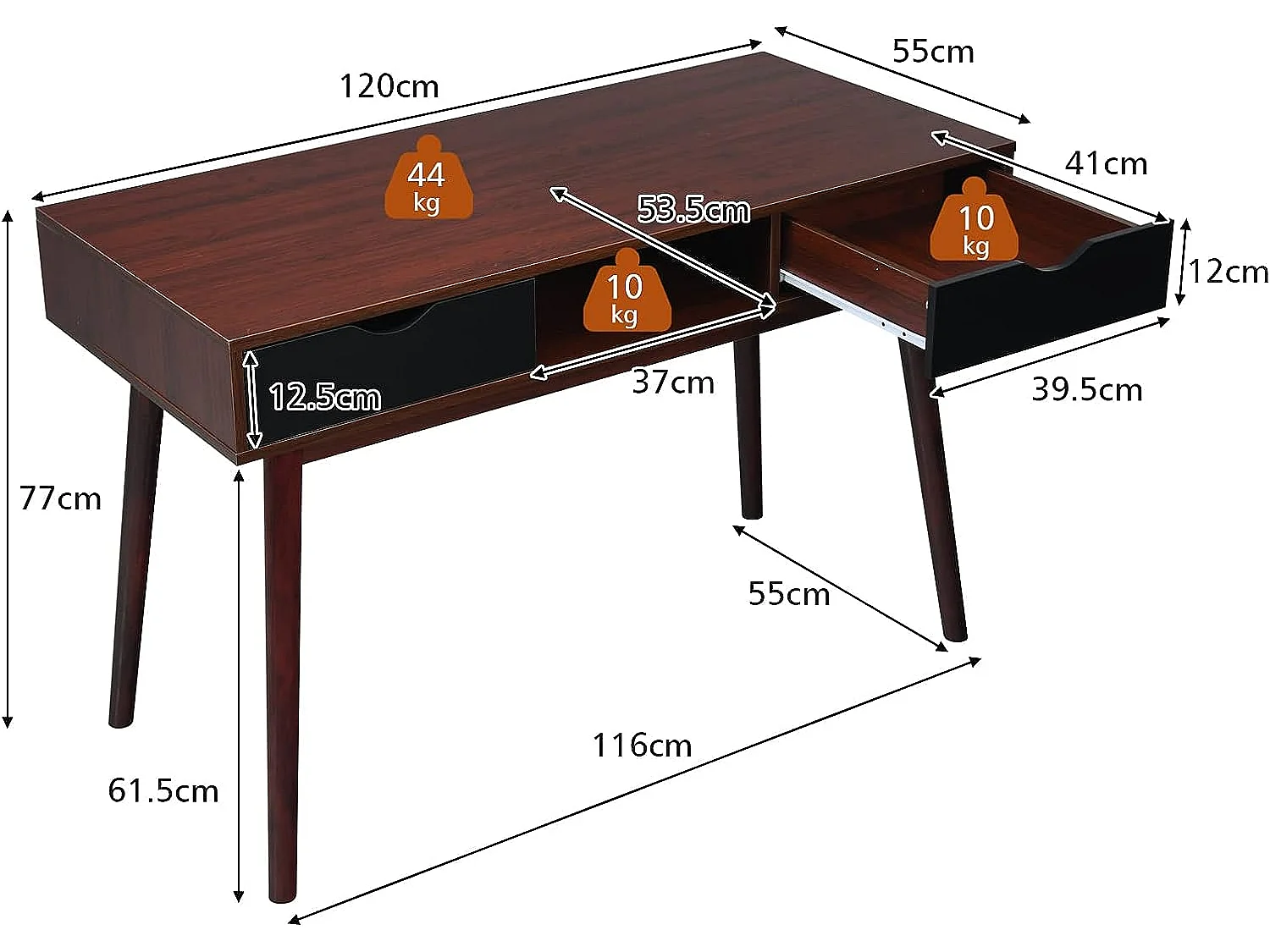 Bureau d'Ordinateur, Bureau PC 120 cm, avec 2 Tiroirs et Compartiment de Rangement Ouvert