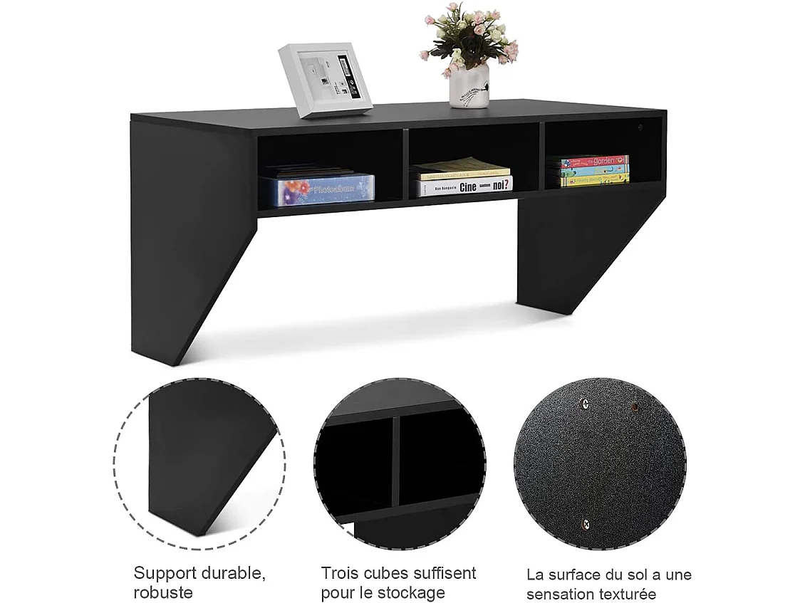 Bureau Murale avec 3 Etagéres de Rangement 108 x 53 x 52 CM Table pour, Étude, Cuisine, Bar, Etc. Noir