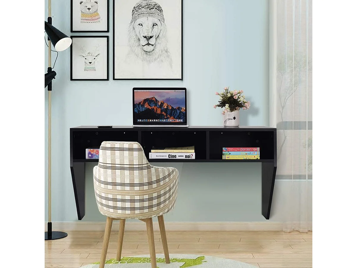 Bureau Murale avec 3 Etagéres de Rangement 108 x 53 x 52 CM Table pour, Étude, Cuisine, Bar, Etc. Noir