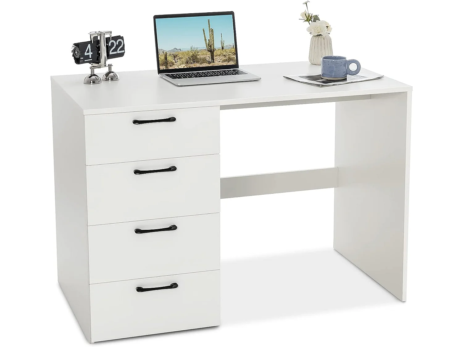 Bureau Droit avec 4 Tiroirs MDF Finition Mélaminé et Laqué UV - L110 x P60 x H76 cm- Brillance Blanche
