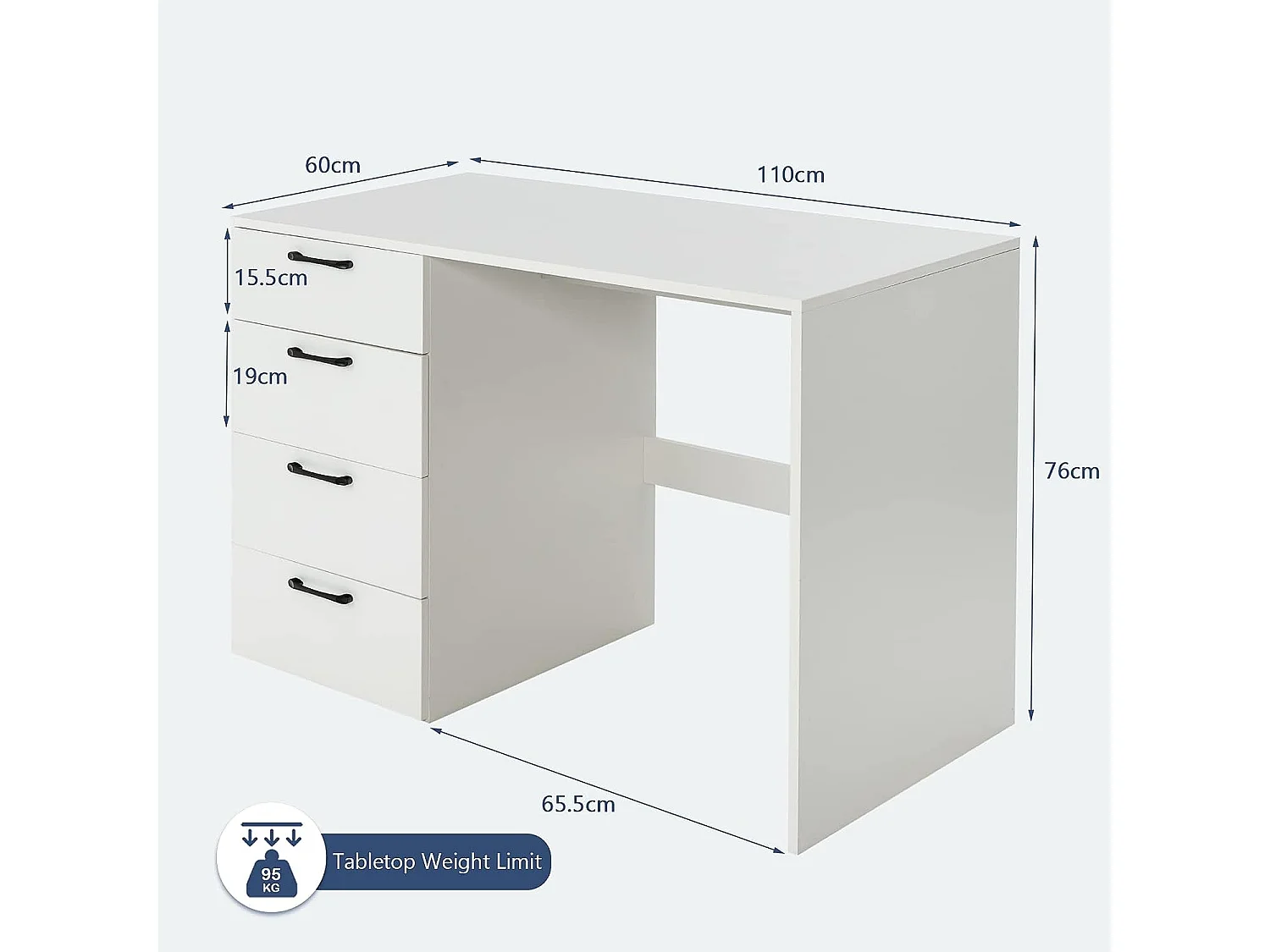 Bureau Droit avec 4 Tiroirs MDF Finition Mélaminé et Laqué UV - L110 x P60 x H76 cm- Brillance Blanche