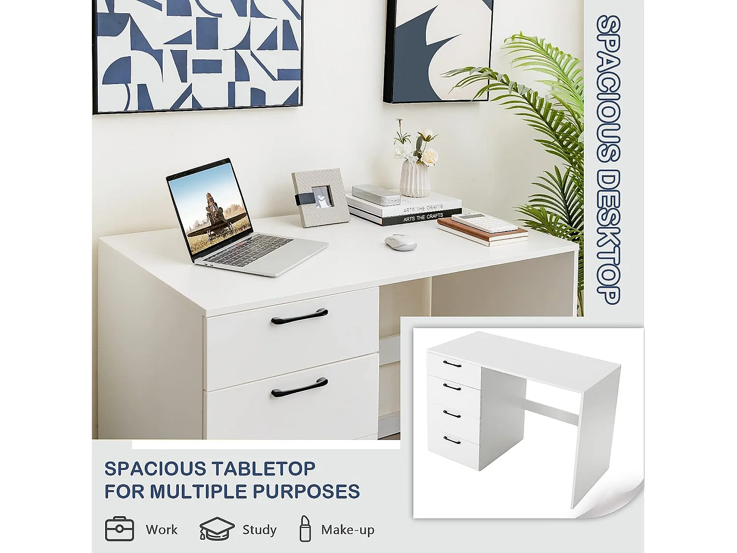 Bureau Droit avec 4 Tiroirs MDF Finition Mélaminé et Laqué UV - L110 x P60 x H76 cm- Brillance Blanche