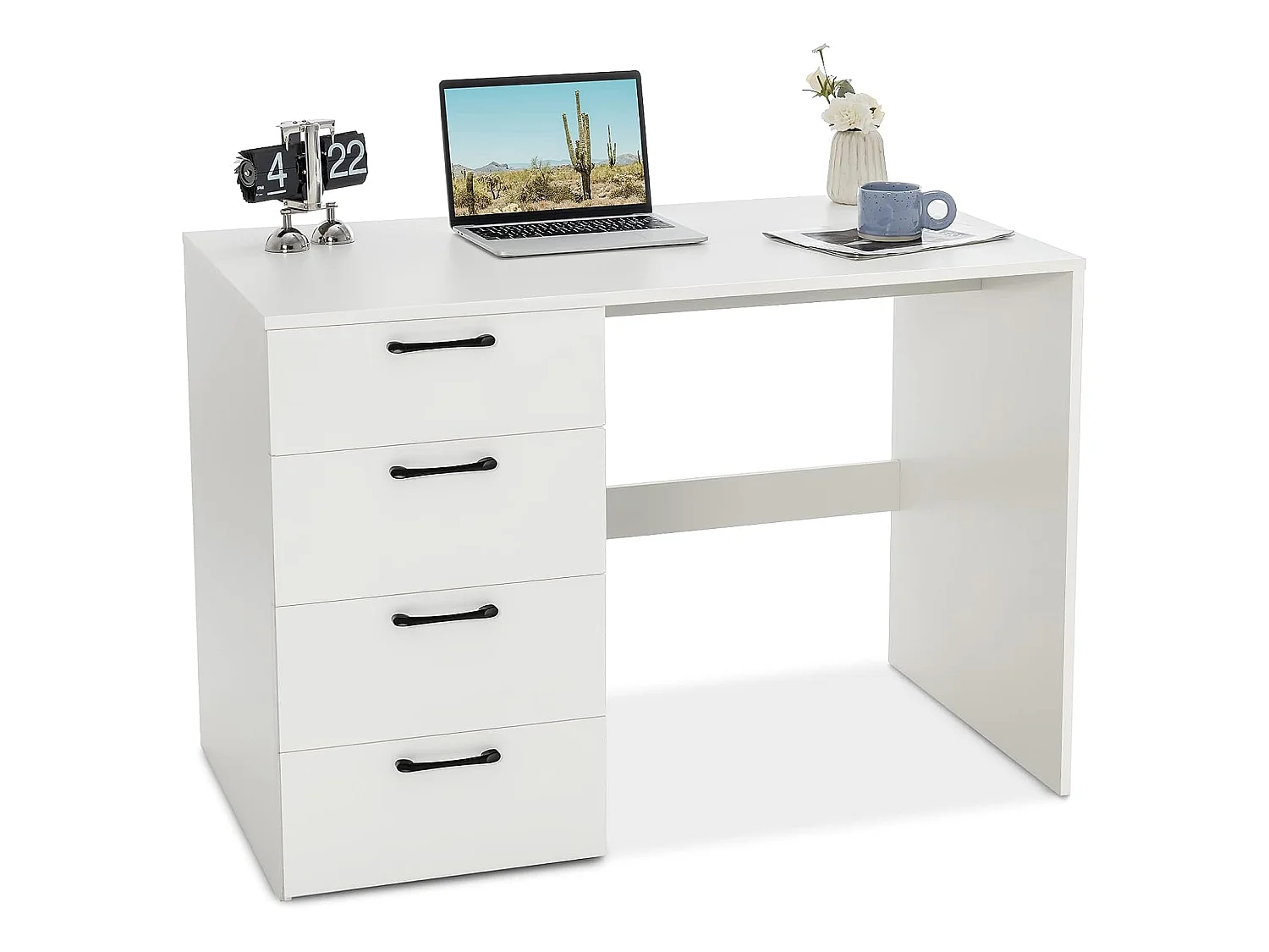 Bureau Droit avec 4 Tiroirs MDF Finition Mélaminé et Laqué UV - L110 x P60 x H76 cm- Brillance Blanche