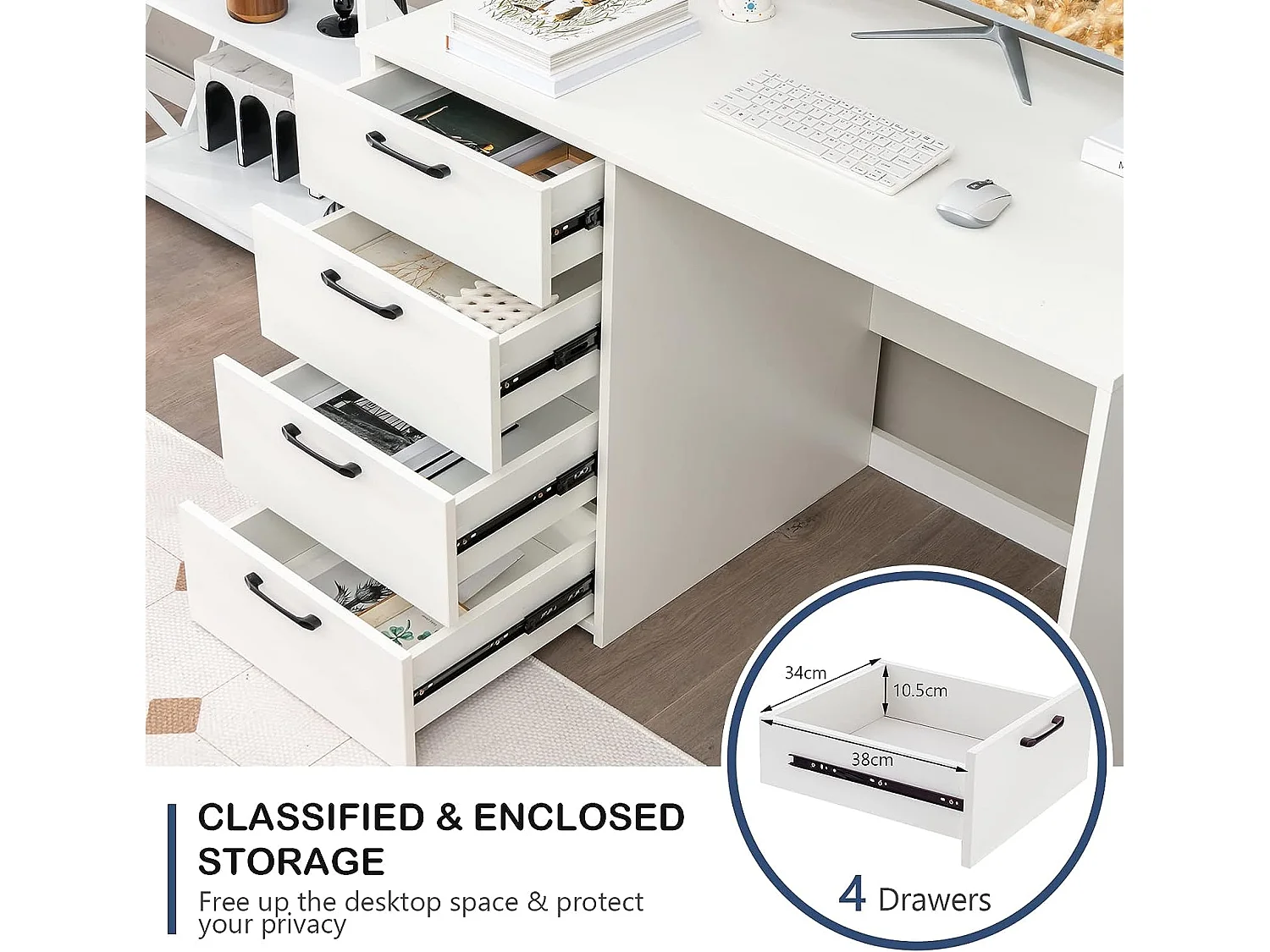 Bureau Droit avec 4 Tiroirs MDF Finition Mélaminé et Laqué UV - L110 x P60 x H76 cm- Brillance Blanche