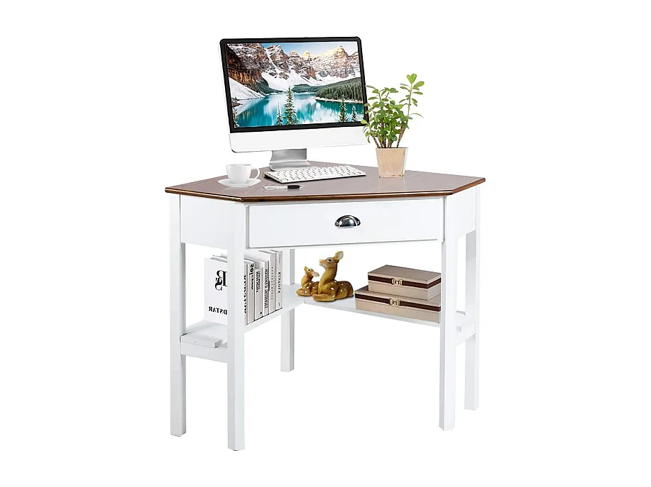 Bureau d'Angle Informatique Contemporain pour PC / Ordinateur Poste de Travaile avec Etagères et Tiroir Bois